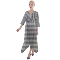 Soot Black And White Handpainted Houndstooth Check Watercolor Pattern Quarter Sleeve Wrap Front Maxi Dress by PodArtist