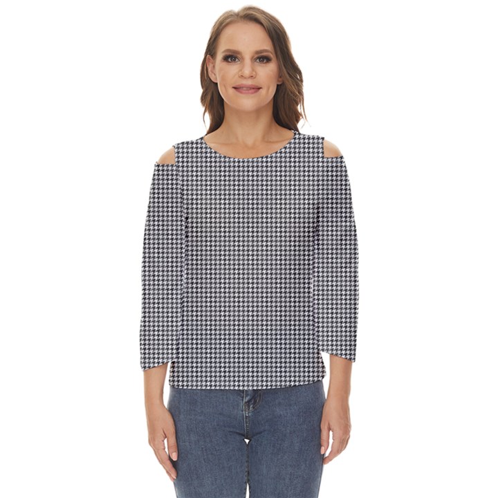 Soot Black and White Handpainted Houndstooth Check Watercolor Pattern Cut Out Wide Sleeve Top