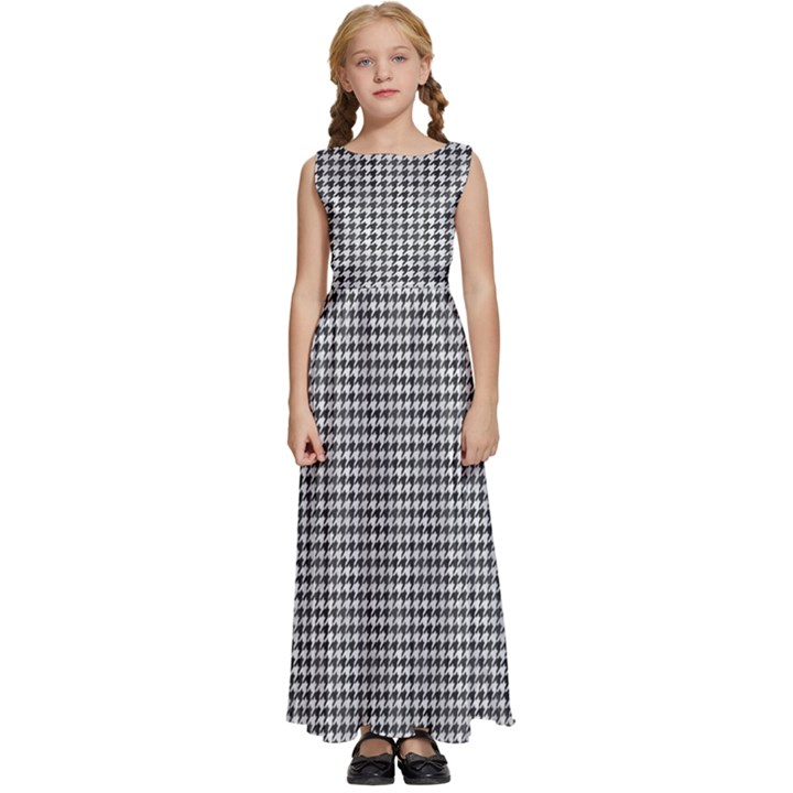 Soot Black and White Handpainted Houndstooth Check Watercolor Pattern Kids  Satin Sleeveless Maxi Dress