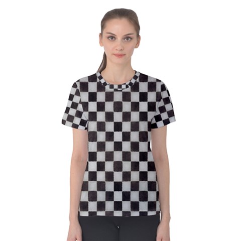 Large Black And White Watercolored Checkerboard Chess Women s Cotton Tee by PodArtist