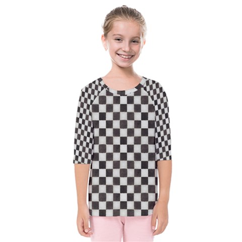 Large Black And White Watercolored Checkerboard Chess Kids  Quarter Sleeve Raglan Tee by PodArtist