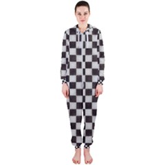 Large Black And White Watercolored Checkerboard Chess Hooded Jumpsuit (ladies)