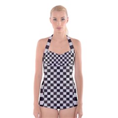 Large Black And White Watercolored Checkerboard Chess Boyleg Halter Swimsuit  by PodArtist