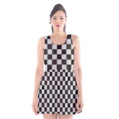 Large Black And White Watercolored Checkerboard Chess Scoop Neck Skater Dress by PodArtist