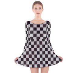 Large Black And White Watercolored Checkerboard Chess Long Sleeve Velvet Skater Dress