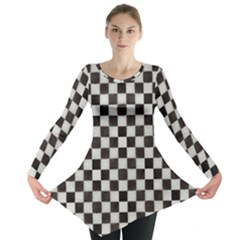 Large Black And White Watercolored Checkerboard Chess Long Sleeve Tunic  by PodArtist