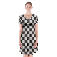 Large Black And White Watercolored Checkerboard Chess Short Sleeve V-neck Flare Dress by PodArtist