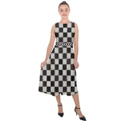 Large Black And White Watercolored Checkerboard Chess Midi Tie-back Chiffon Dress by PodArtist