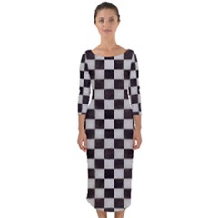 Large Black And White Watercolored Checkerboard Chess Quarter Sleeve Midi Bodycon Dress by PodArtist