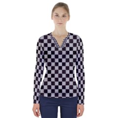 Large Black And White Watercolored Checkerboard Chess V-neck Long Sleeve Top by PodArtist