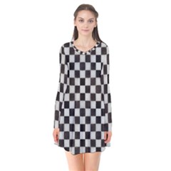 Large Black And White Watercolored Checkerboard Chess Long Sleeve V-neck Flare Dress by PodArtist