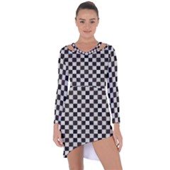 Large Black And White Watercolored Checkerboard Chess Asymmetric Cut-out Shift Dress by PodArtist