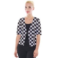 Large Black And White Watercolored Checkerboard Chess Cropped Button Cardigan by PodArtist