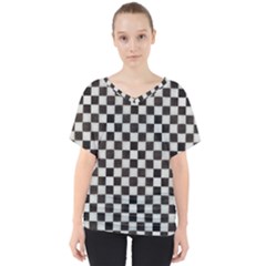 Large Black And White Watercolored Checkerboard Chess V-neck Dolman Drape Top by PodArtist