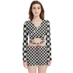 Large Black And White Watercolored Checkerboard Chess Velvet Wrap Crop Top And Shorts Set by PodArtist