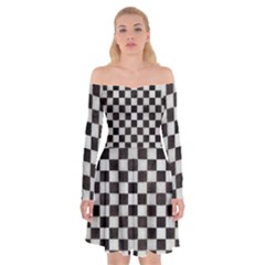 Large Black And White Watercolored Checkerboard Chess Off Shoulder Skater Dress by PodArtist