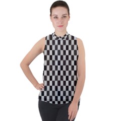 Large Black And White Watercolored Checkerboard Chess Mock Neck Chiffon Sleeveless Top by PodArtist