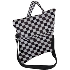 Large Black And White Watercolored Checkerboard Chess Fold Over Handle Tote Bag by PodArtist