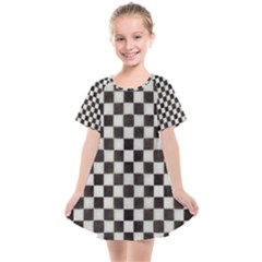 Large Black And White Watercolored Checkerboard Chess Kids  Smock Dress by PodArtist