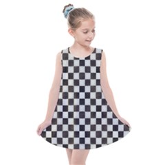 Large Black And White Watercolored Checkerboard Chess Kids  Summer Dress by PodArtist