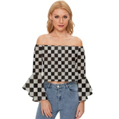 Large Black And White Watercolored Checkerboard Chess Off Shoulder Flutter Bell Sleeve Top