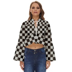 Large Black And White Watercolored Checkerboard Chess Boho Long Bell Sleeve Top