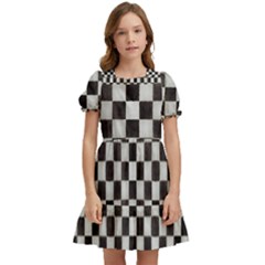 Large Black And White Watercolored Checkerboard Chess Kids  Puff Sleeved Dress by PodArtist