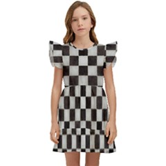 Large Black And White Watercolored Checkerboard Chess Kids  Winged Sleeve Dress by PodArtist