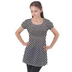 Black And White Watercolored Checkerboard Chess Puff Sleeve Tunic Top by PodArtist