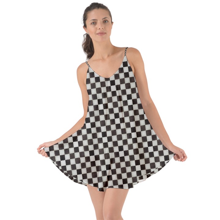 Black and White Watercolored Checkerboard Chess Love the Sun Cover Up