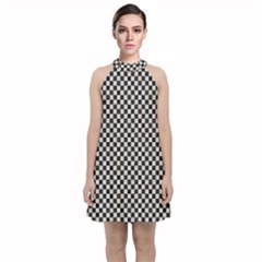 Black And White Watercolored Checkerboard Chess Velvet Halter Neckline Dress 