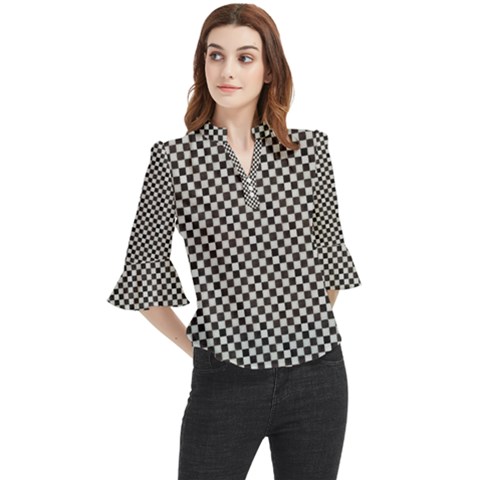 Black And White Watercolored Checkerboard Chess Loose Horn Sleeve Chiffon Blouse by PodArtist