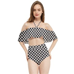 Black And White Watercolored Checkerboard Chess Halter Flowy Bikini Set  by PodArtist