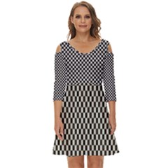 Black And White Watercolored Checkerboard Chess Shoulder Cut Out Zip Up Dress by PodArtist