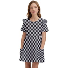 Black And White Watercolored Checkerboard Chess Kids  Frilly Sleeves Pocket Dress by PodArtist