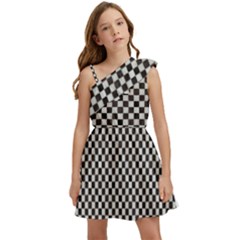 Black And White Watercolored Checkerboard Chess Kids  One Shoulder Party Dress by PodArtist