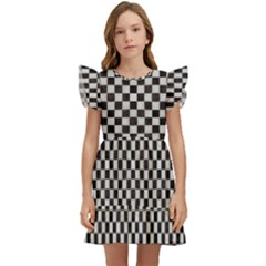 Black And White Watercolored Checkerboard Chess Kids  Winged Sleeve Dress by PodArtist