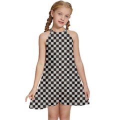 Black And White Watercolored Checkerboard Chess Kids  Halter Collar Waist Tie Chiffon Dress by PodArtist