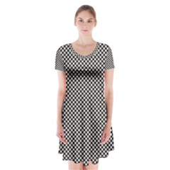 Small Black And White Watercolor Checkerboard Chess Short Sleeve V-neck Flare Dress by PodArtist