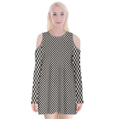 Small Black And White Watercolor Checkerboard Chess Velvet Long Sleeve Shoulder Cutout Dress