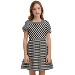 Small Black And White Watercolor Checkerboard Chess Kids  Puff Sleeved Dress by PodArtist