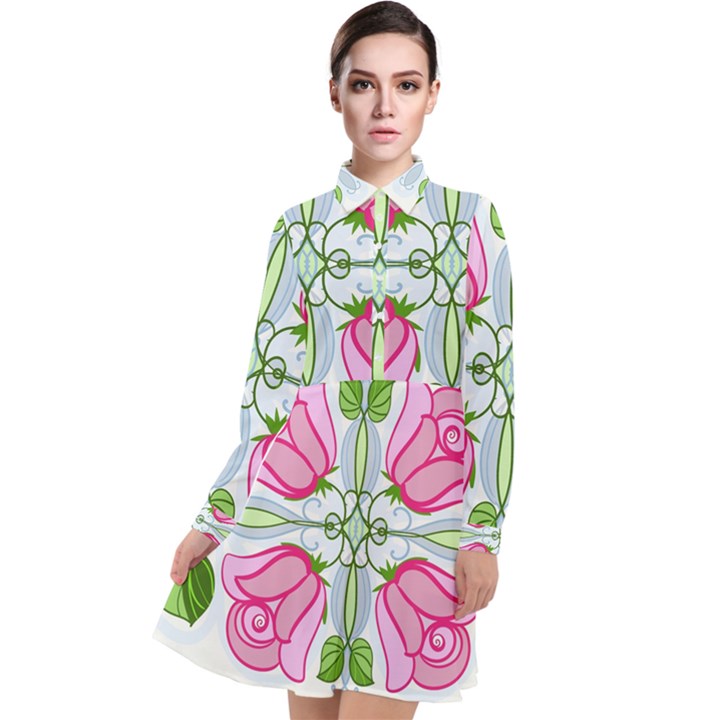 Figure roses flowers-ornament Long Sleeve Chiffon Shirt Dress