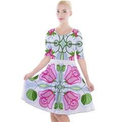 Figure Roses Flowers-ornament Quarter Sleeve A-line Dress