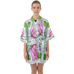 Figure Roses Flowers-ornament Half Sleeve Satin Kimono 