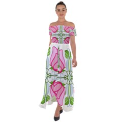 Figure Roses Flowers-ornament Off Shoulder Open Front Chiffon Dress