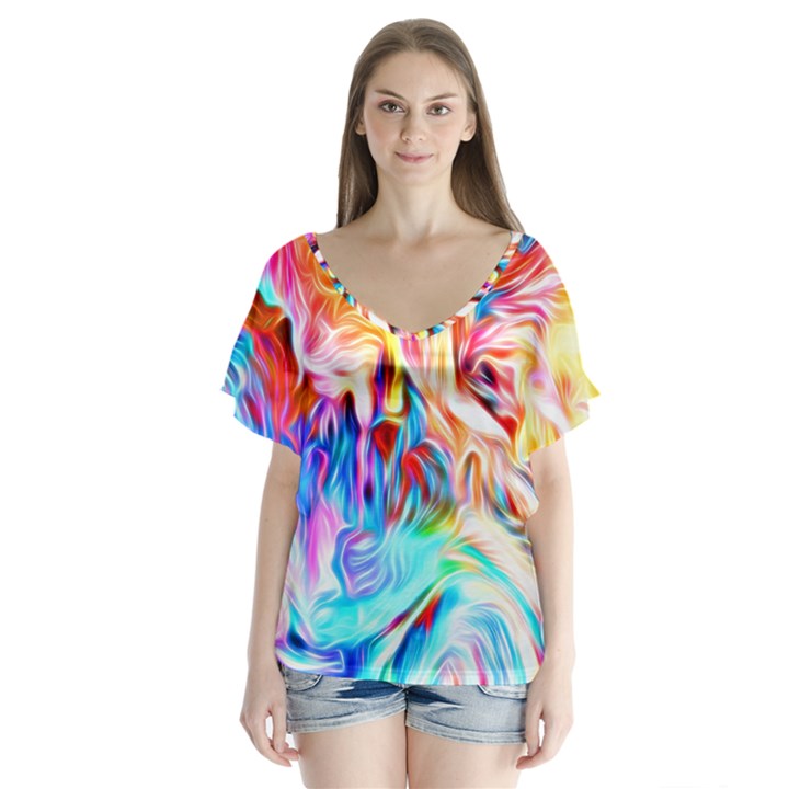 Background-drips-fluid-colorful- V-Neck Flutter Sleeve Top