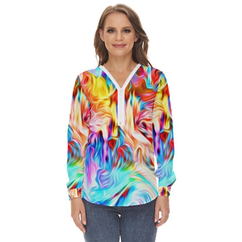 Background-drips-fluid-colorful- Zip Up Long Sleeve Blouse by Jancukart