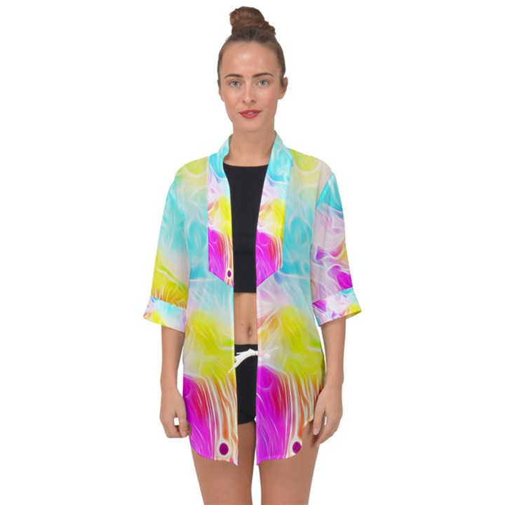 Background-drips-fluid-colorful Open Front Chiffon Kimono