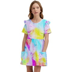 Background-drips-fluid-colorful Kids  Frilly Sleeves Pocket Dress