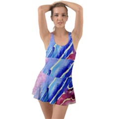 Painting-abstract-blue-pink-spots Ruffle Top Dress Swimsuit